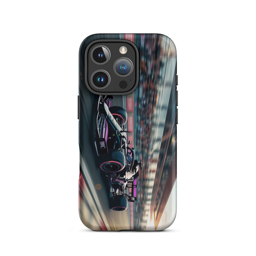 Black n Purple Power Tough case for iPhone 16 Pro, black and purple race car artwork, rear view on white