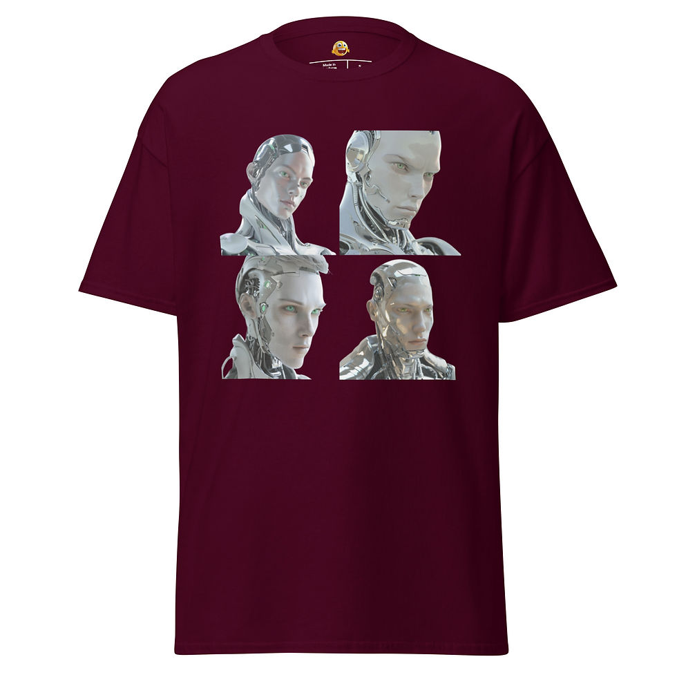 Robotic Aesthetics: burgundy unisex classic T-shirt with four silver cyborg head portraits