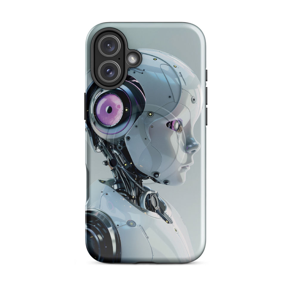 Nano Blossom MagSafe Tough Case for iPhone with child robot profile and luminous pink-violet cybernetic eye