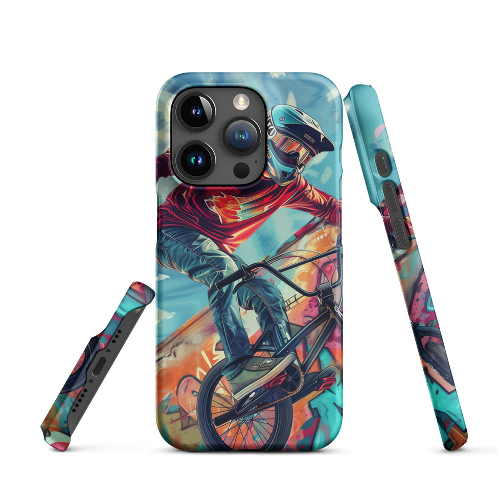 Graffiti Ride Snap case for iPhone 15 Pro, red-top BMX rider and vivid graffiti, rear and side views on white