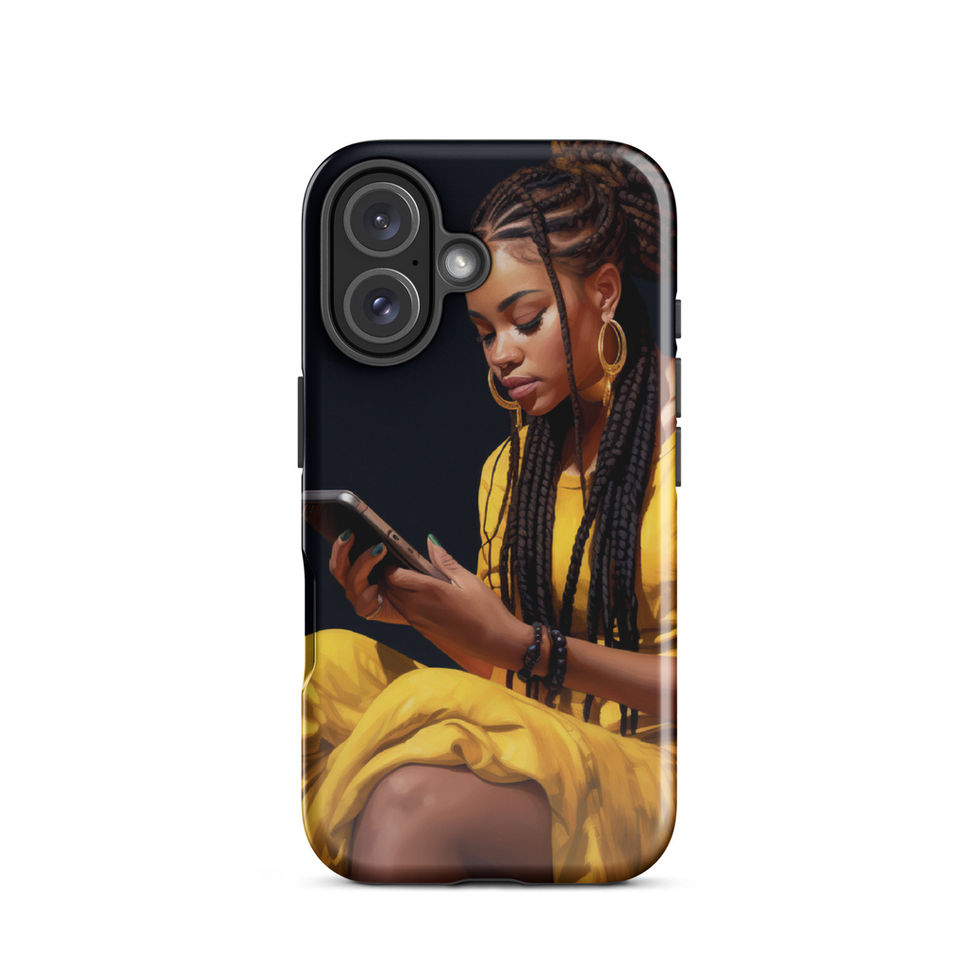 Wide iPhone 16 Plus tough case with centered figure and warm metallic palette