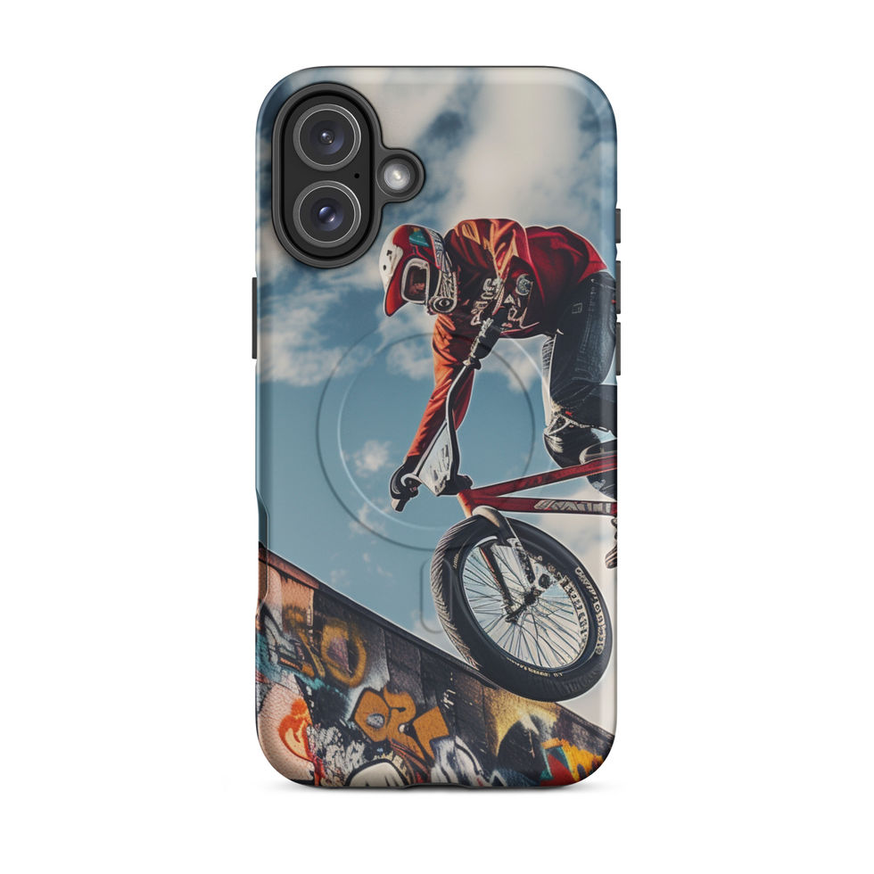 Graffiti Air MagSafe Tough case for iPhone 16 Plus, BMX rider above graffiti ramp, rear view on white