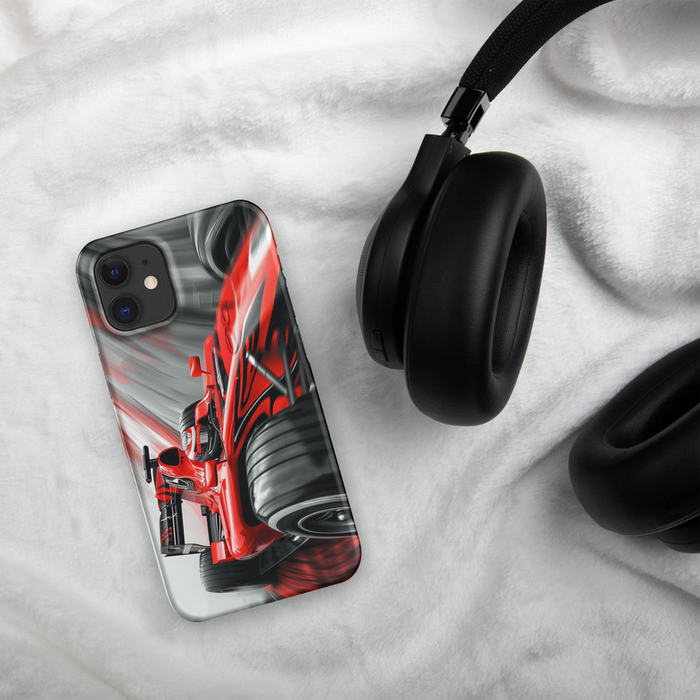 Victory Rush Snap case for iPhone 12 Mini, red race car and grey streaks, headphones on pale fabric