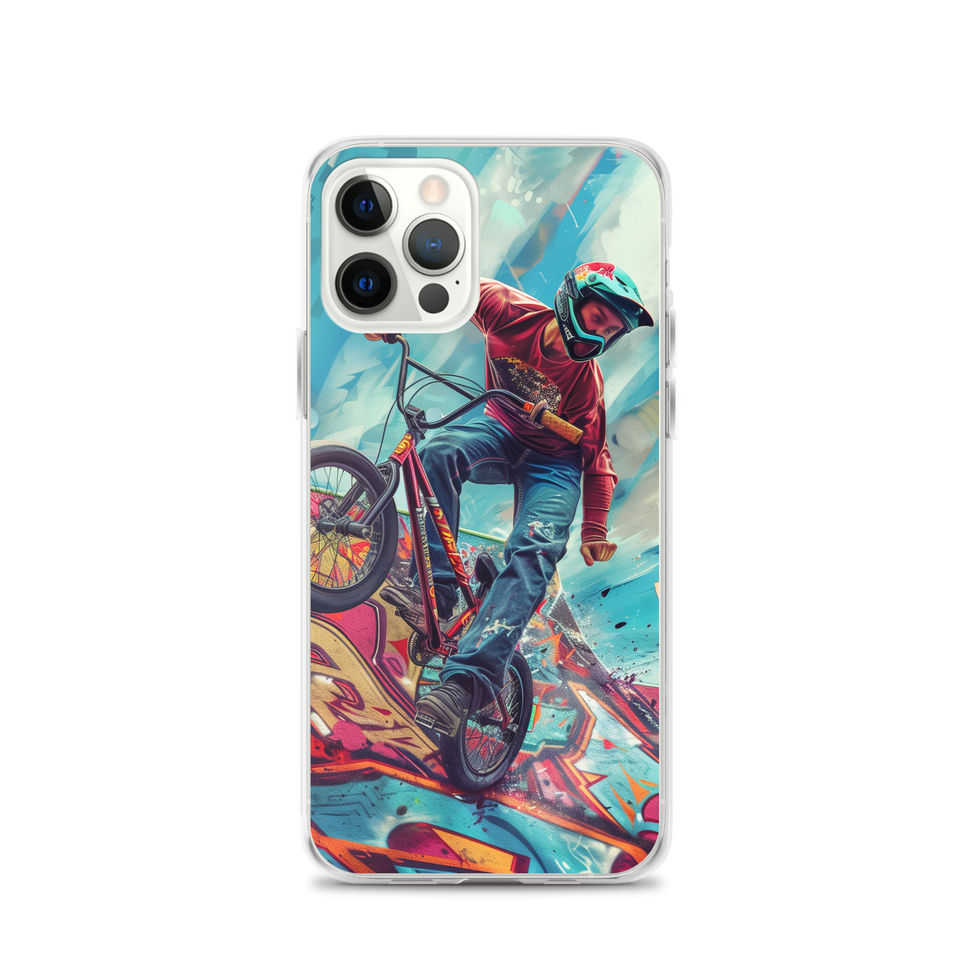Ramp Rebel Clear case for iPhone 12 Pro, red-jacketed BMX rider and graffiti, phone beside case on white