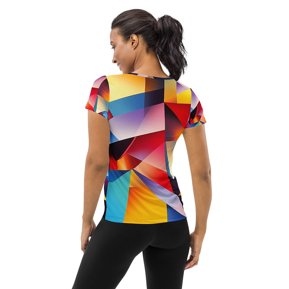 Prism Dimensions: back of women's athletic T-shirt with multicoloured geometric all-over print