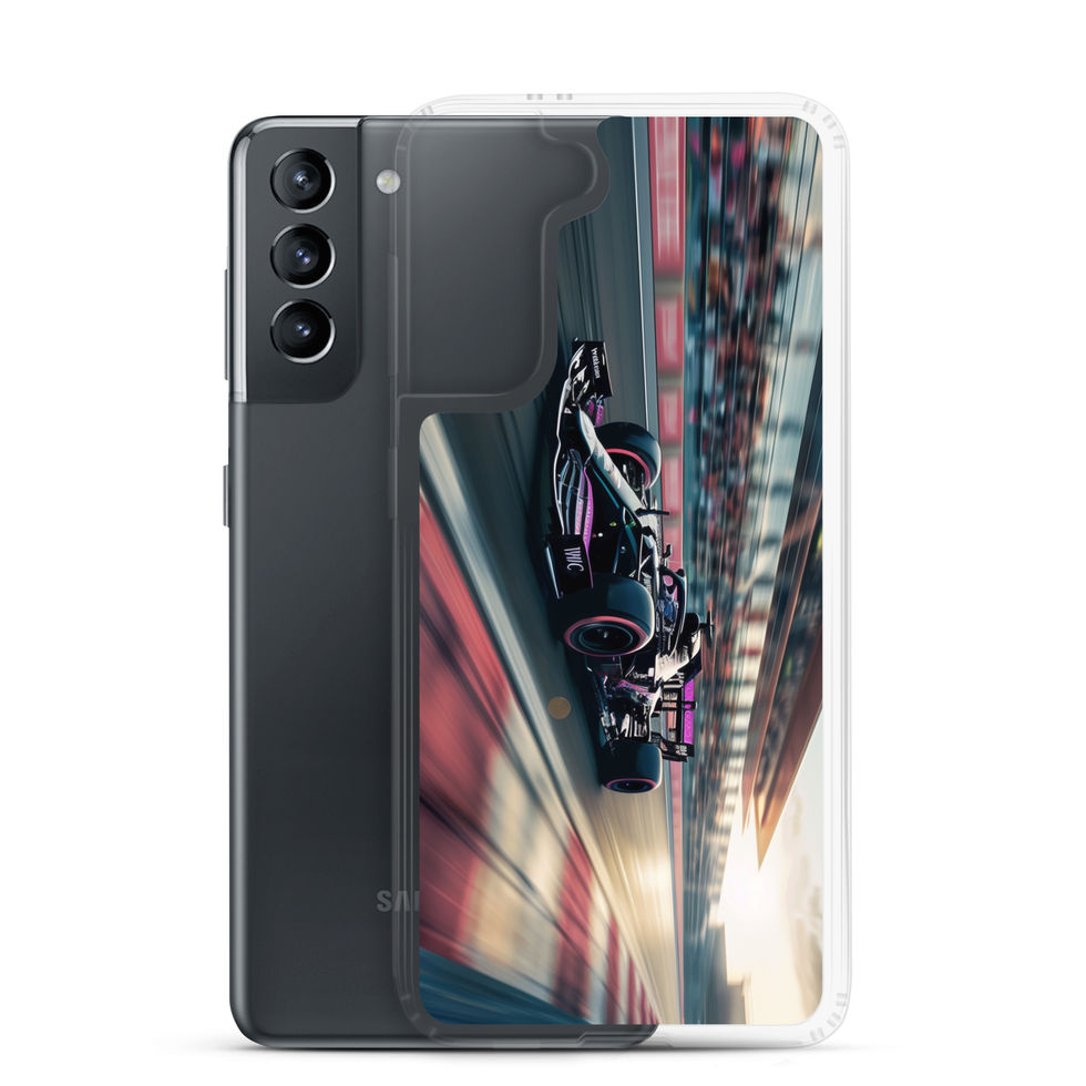 Black n Purple Power Clear case for Galaxy S21, black and purple race car artwork, phone and case on white