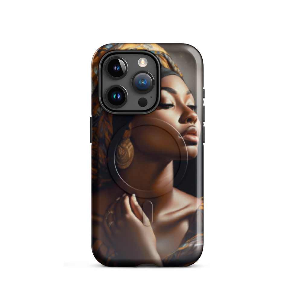 Golden headwrap silhouette flows across a tough fitted iPhone shell