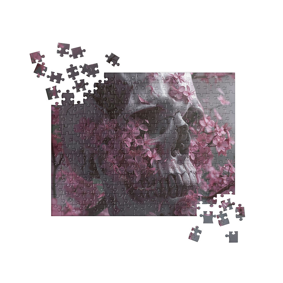 Whispers of Mortality jigsaw puzzle: pink flowers surrounding a pale skull against a soft grey background
