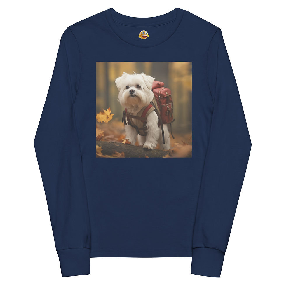 Adventurer Pup: navy youth long-sleeve T-shirt with a white puppy with a backpack in an autumn forest