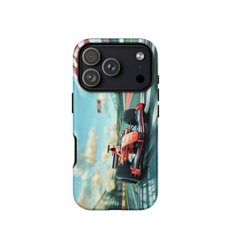 Pole Position Tough case for iPhone 17 Pro, red racing car on green track, rear view on white background