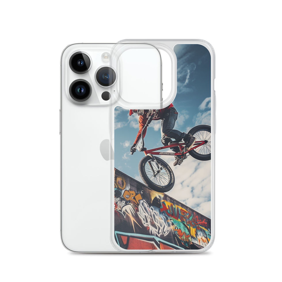 Graffiti Air Clear case for iPhone 14 Pro, BMX rider above graffiti ramp, rear view on white
