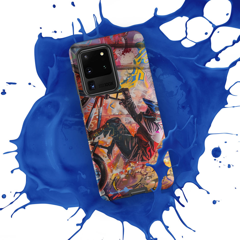 Graffiti Grind Tough case for Galaxy S20 Ultra, BMX rider amid pink and yellow graffiti, blue paint splash