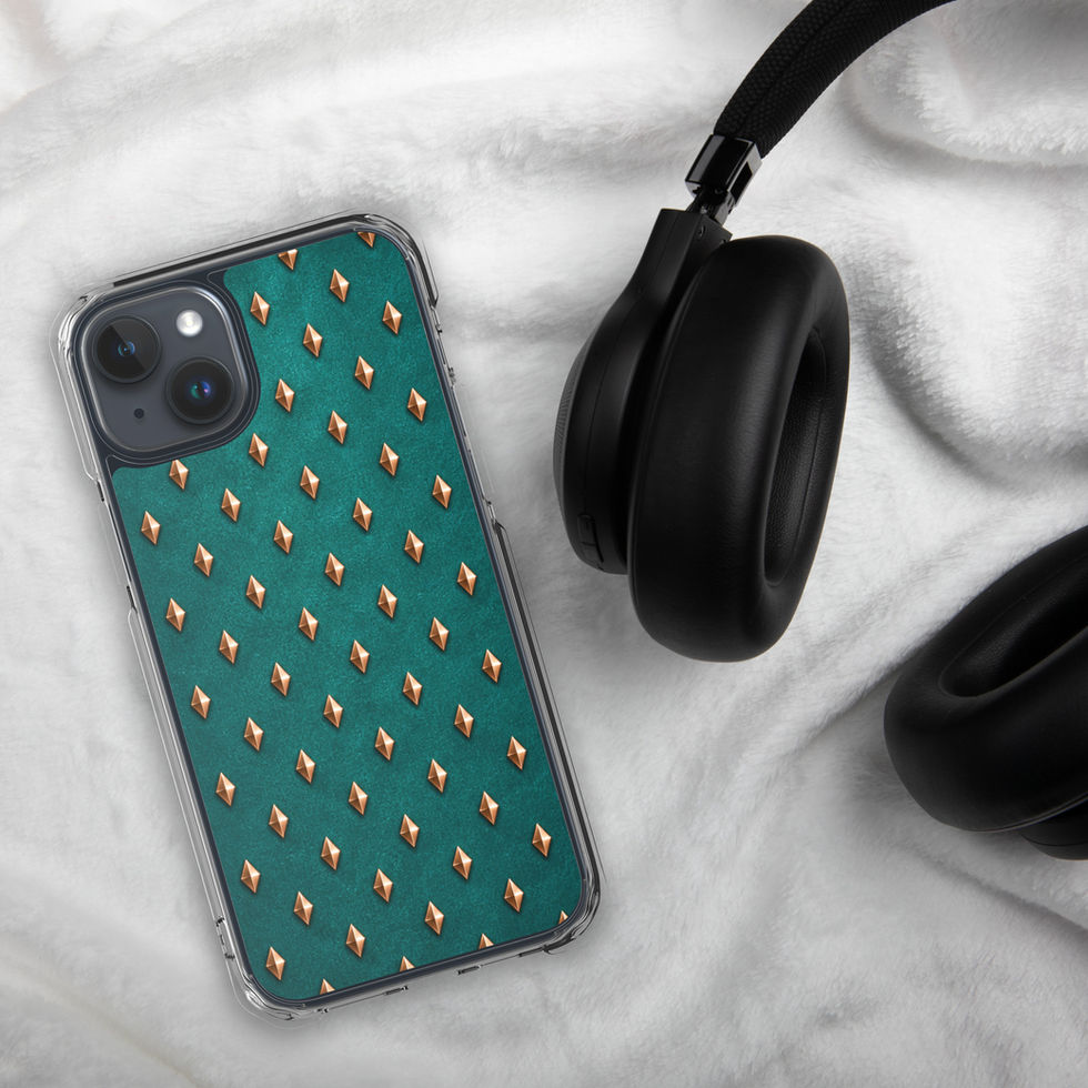 Teal Copper Diamonds clear case for iPhone 15 Plus, copper-look diamonds on teal, alternate view 2