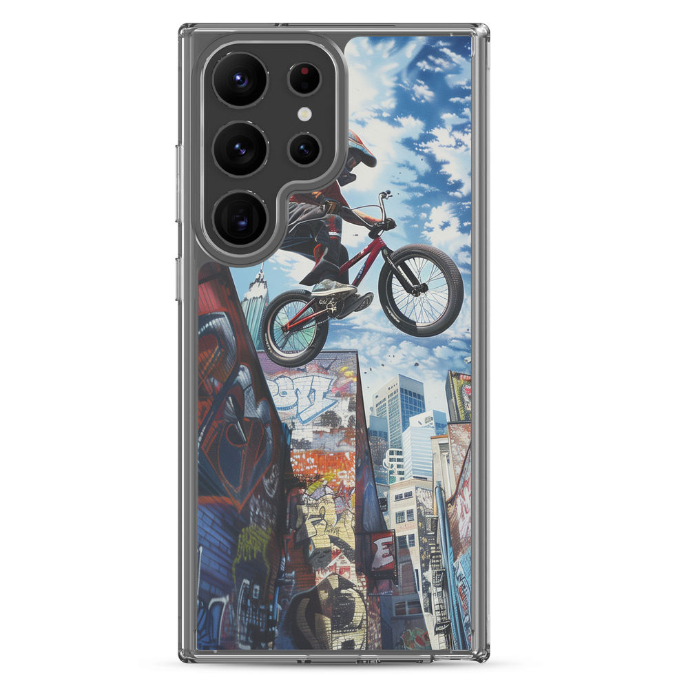 Skyline Freestyle Clear case for Galaxy S23 Ultra, BMX rider and city skyline, rear view on white