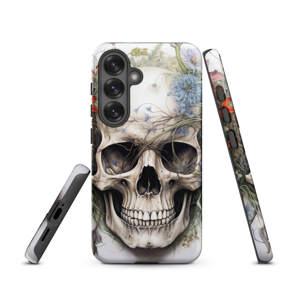 Botanical Requiem tough Samsung case showing grey and cream tones in the skull art