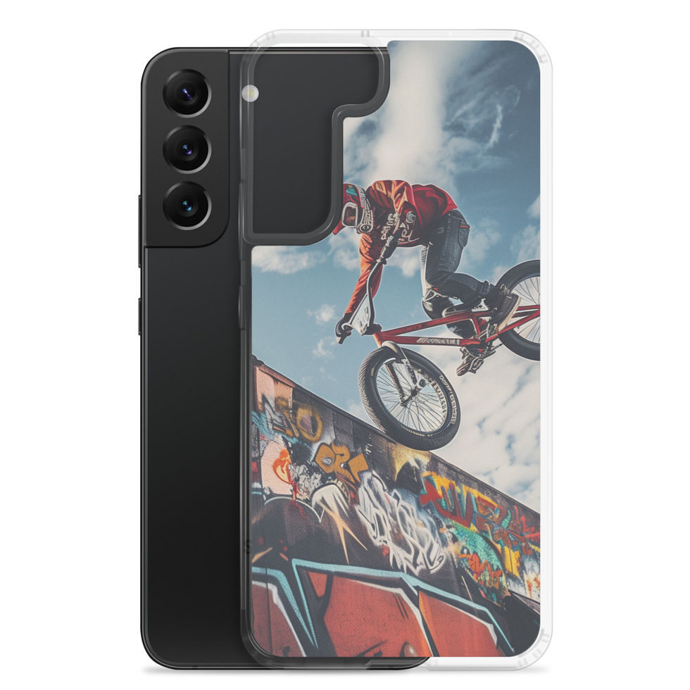 Graffiti Air Clear case for Galaxy S22 Plus, BMX rider above graffiti ramp, with phone beside case on white