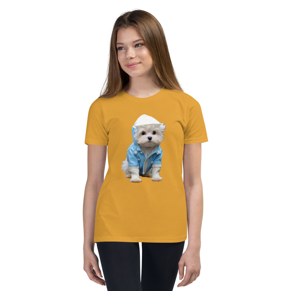Puddle Pup: mustard youth short-sleeve T-shirt with a white puppy in a blue raincoat, worn by child