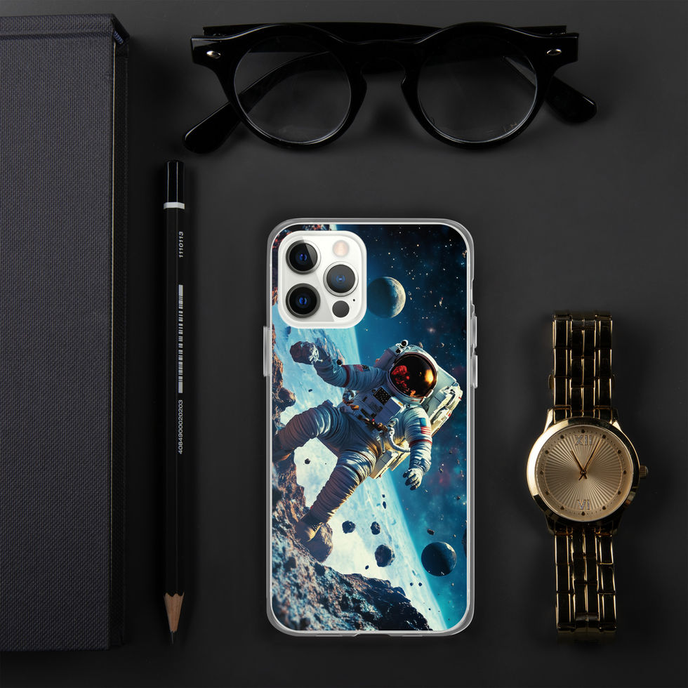 Asteroid Drift clear iPhone case on a black desk beside glasses and a watch, showing space explorer over icy blue tones
