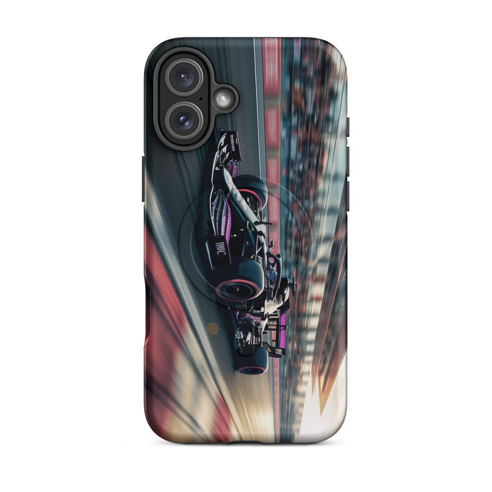 Black n Purple Power MagSafe Tough case for iPhone 16 Plus, black and purple race car artwork, rear view on white