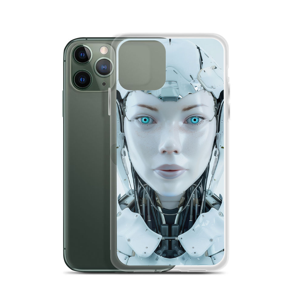 AI Celestia clear iPhone case with icy aqua-eyed female android – fitted iPhone case view