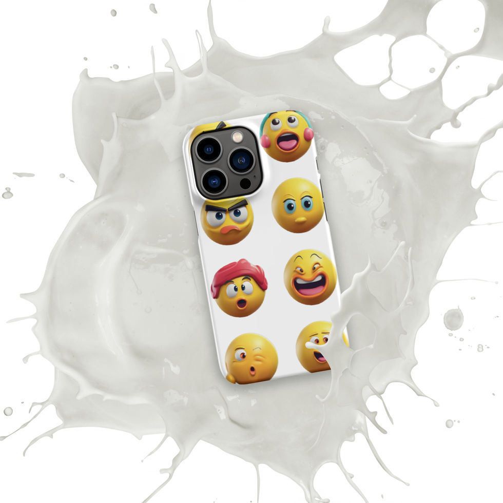 Emoji Frenzy snap iPhone case showing cartoon faces below the lens across its case artwork, over a white paint splash.
