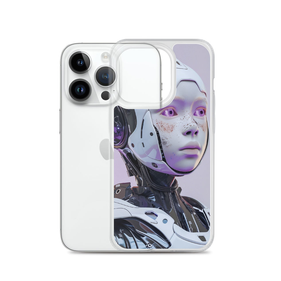 Purple robot eyes on a lightweight transparent iPhone protector