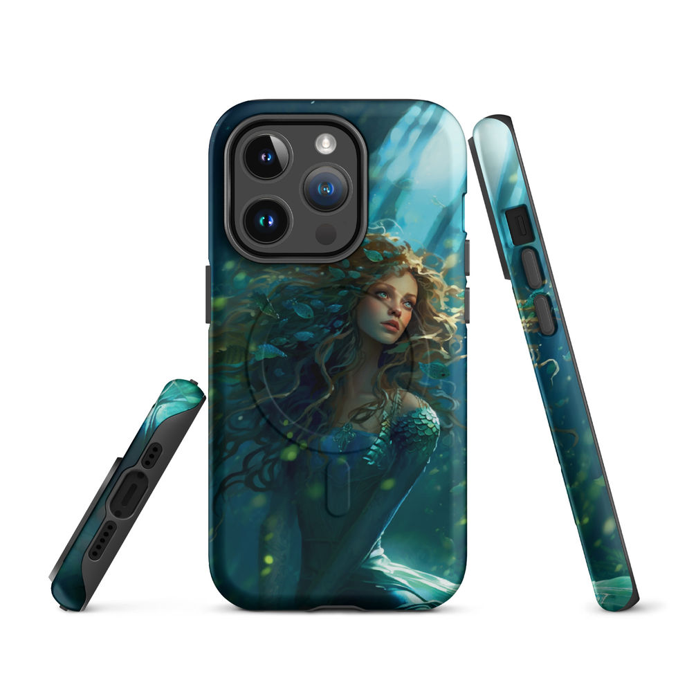 Ocean Enchantress MagSafe iPhone case shown with its side profile, featuring teal currents around a mermaid-like figure.