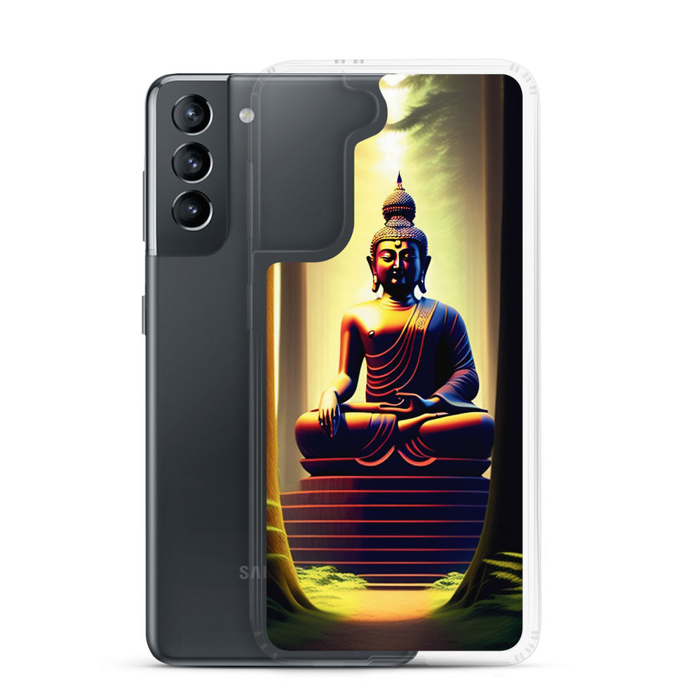 Praying Buddha Samsung clear case, showing dark statue set against pale yellow light.