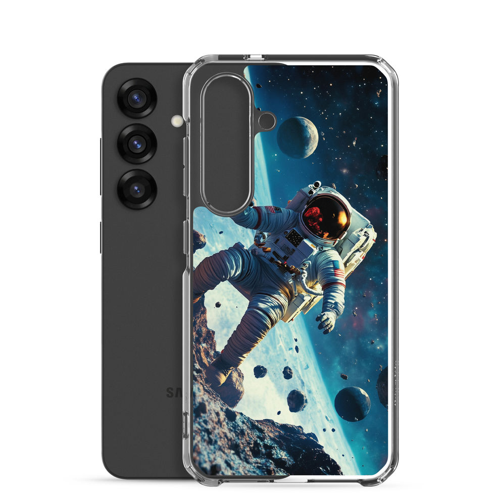 Asteroid Drift clear case on Samsung Galaxy S24 Plus, astronaut and blue space artwork over a light phone finish