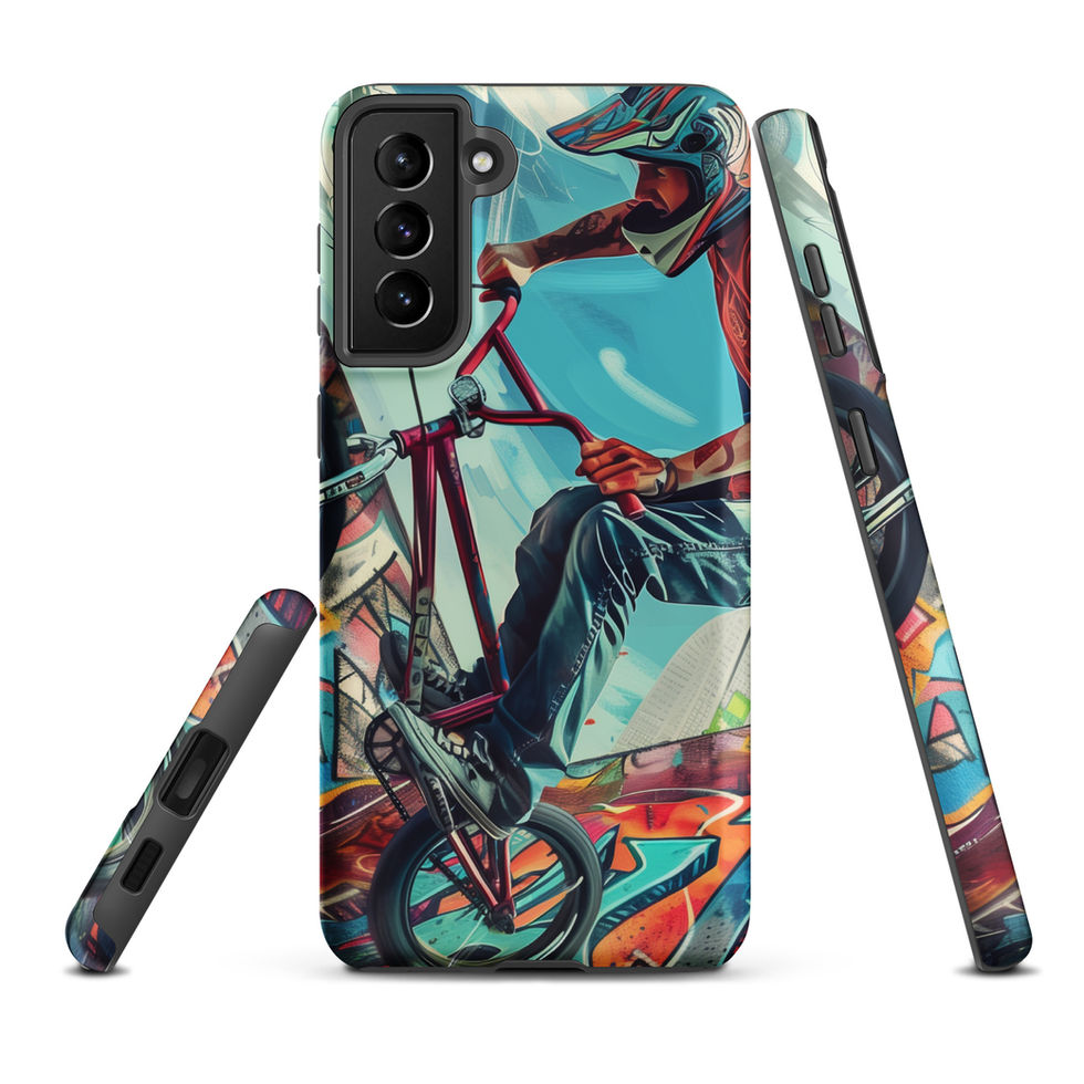 Urban Freestyle Tough case for Galaxy S21 Plus, BMX rider and colourful graffiti, rear and side views on white background