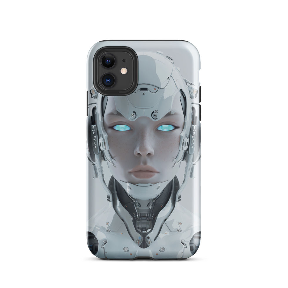 Centred robot portrait with angular forehead armour; front product view on an iPhone® Tough Case.
