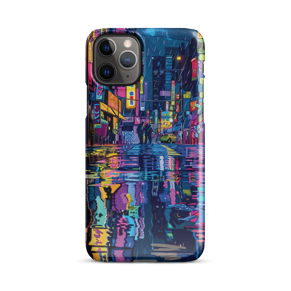 Neon Rain snap case for iPhone displaying night-time streetscape with luminous shop signs and rain reflections.