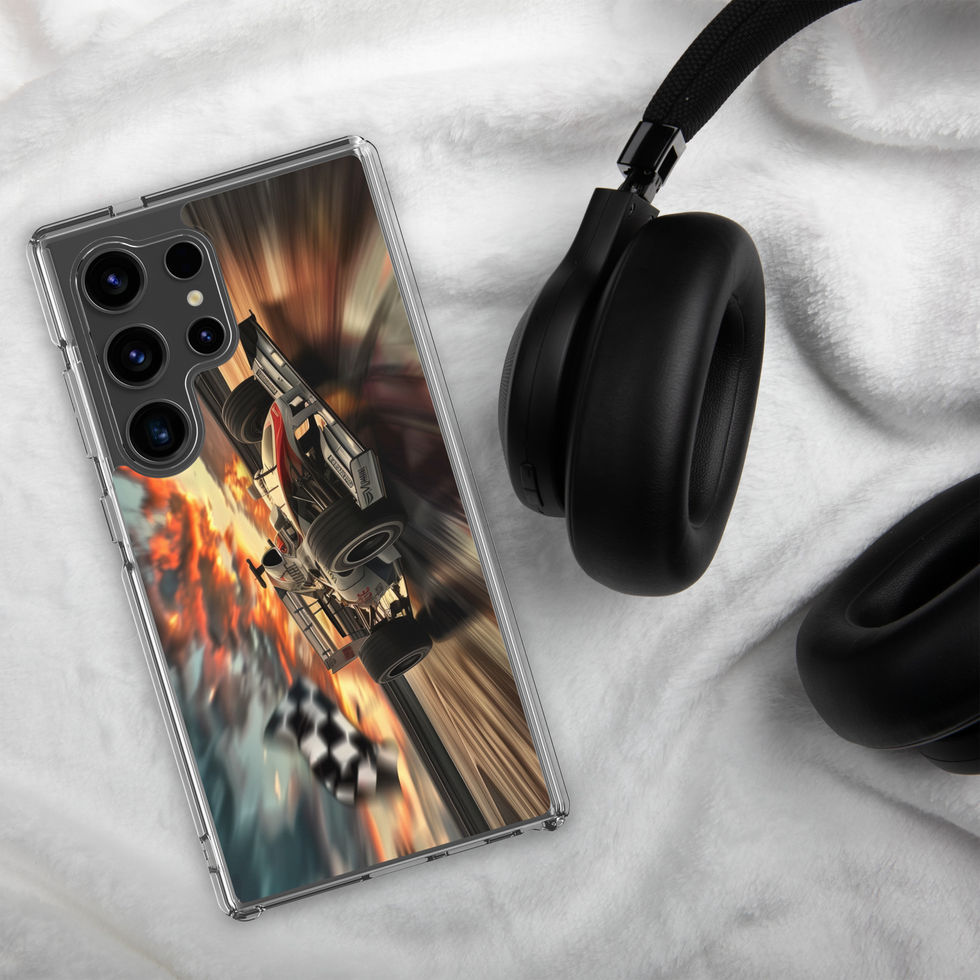 Final Lap Fury Clear case for Galaxy S24 Ultra, black race car and fiery flag, headphones on pale fabric