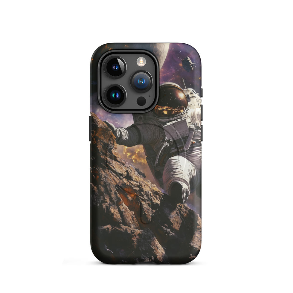 MagSafe phone case with a wandering astronaut, scattered stars and purple space clouds