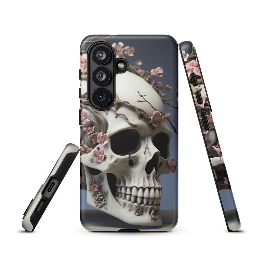 Full rear view of the Ethereal Bloom tough case and small dusty-pink flowers around the skull