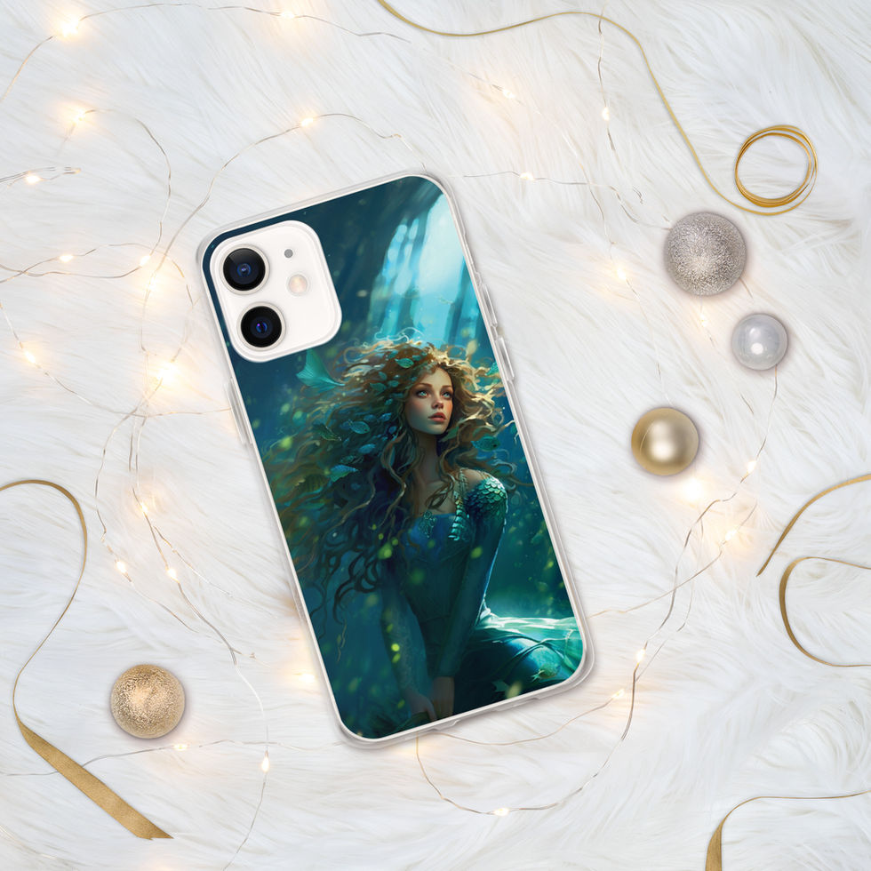 Ocean Enchantress clear iPhone case on pale marble with gold accents, showing golden light falling across an ocean scene.