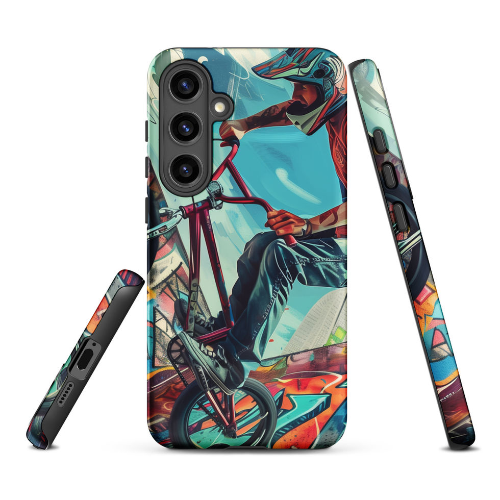 Urban Freestyle Tough case for Galaxy S24 Plus, BMX rider and colourful graffiti, rear and side views on white background
