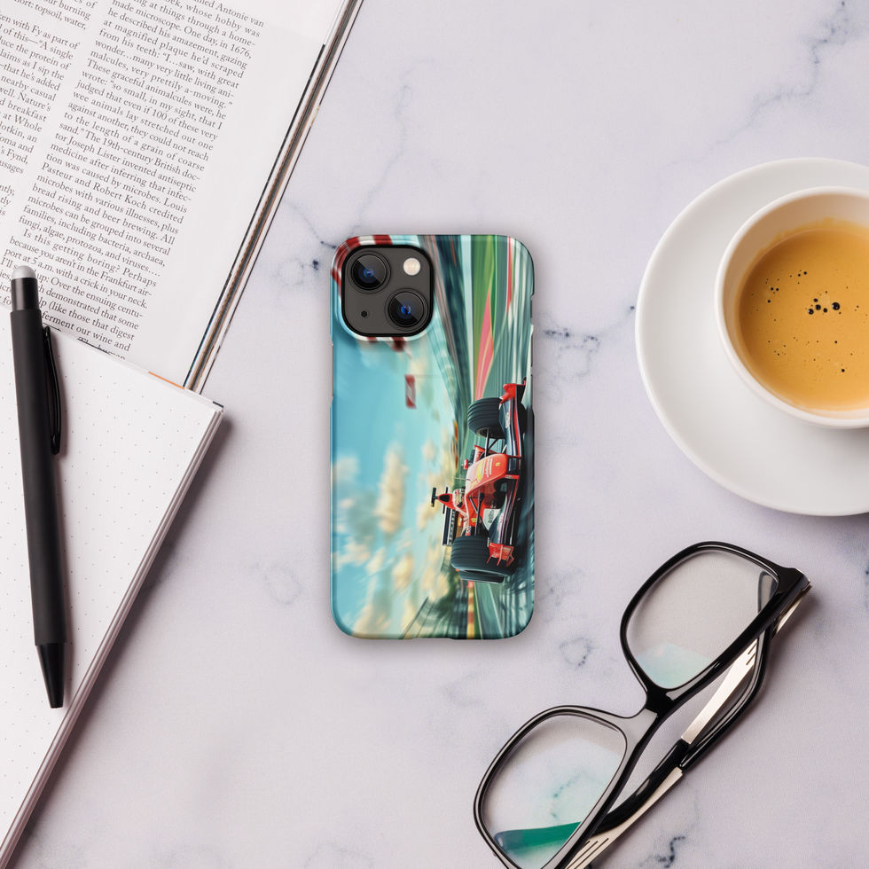 Pole Position Snap case for iPhone 13 Mini, red racing car on green track, light desk with coffee, book and glasses