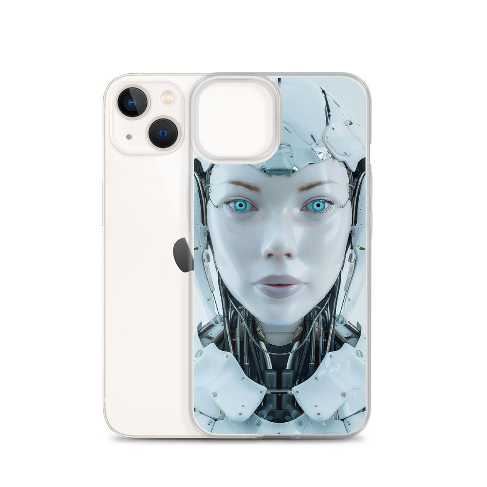 Calm futuristic android with aqua eyes on a transparent iPhone case – close-up artwork detail