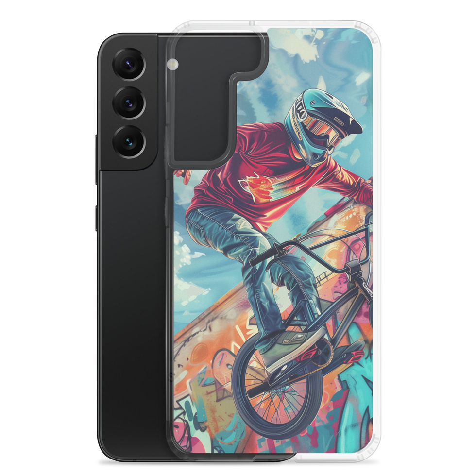 Graffiti Ride Clear case for Galaxy S22 Plus, red-top BMX rider and vivid graffiti, phone beside case on white