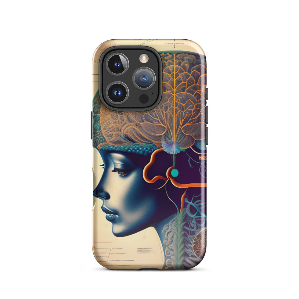 Flower Brain iPhone Tough Case featuring a stylised anatomical profile filled with golden flowers in rich indigo, teal