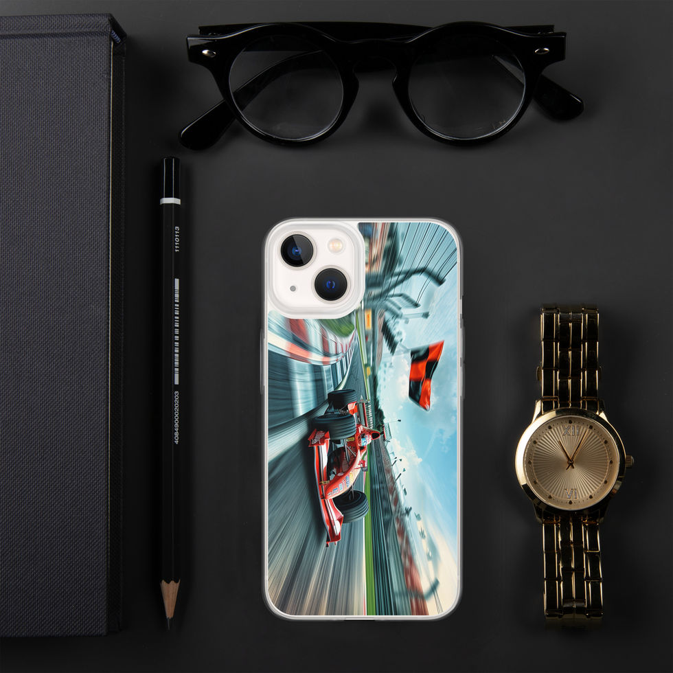 Apex Speed Clear case for iPhone 13, red race car and trackside flags, black desk with glasses and watch