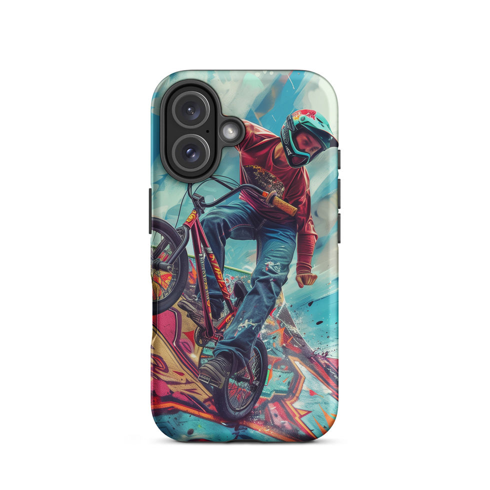 Ramp Rebel Tough case for iPhone 16, red-jacketed BMX rider and graffiti, rear view on white background