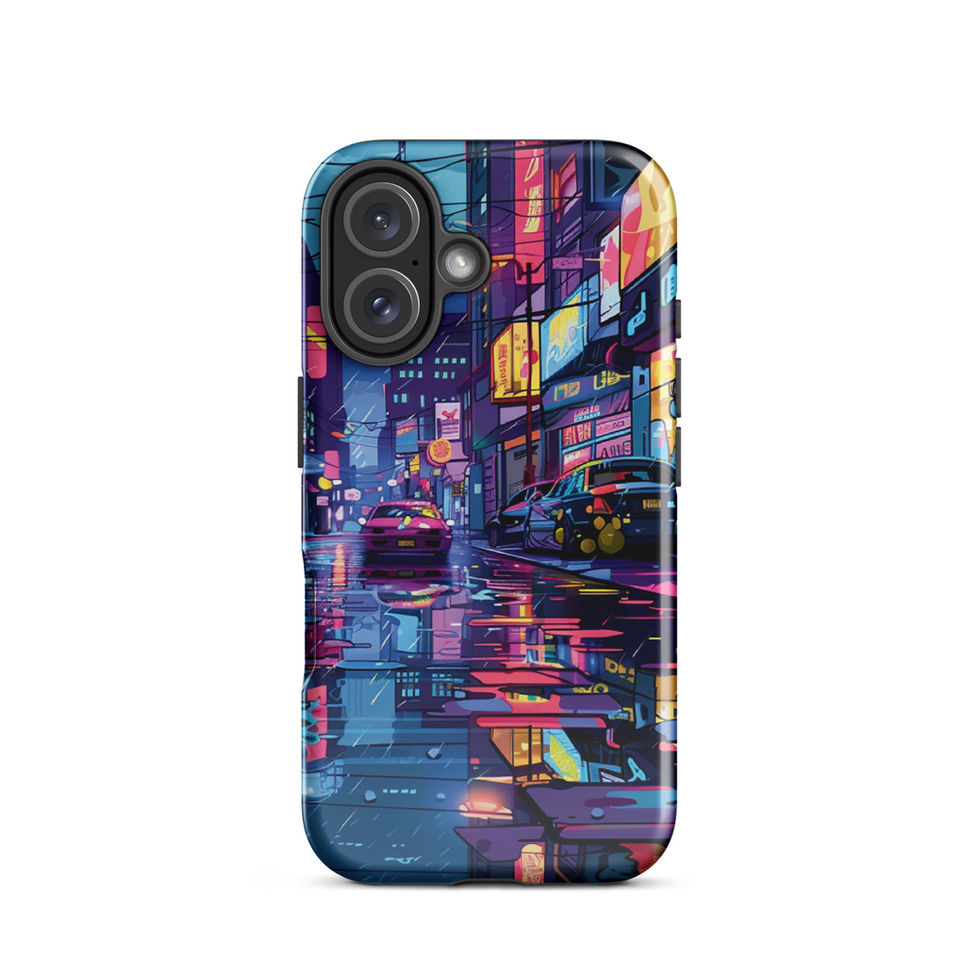 Electric Boulevard iPhone tough case, rear view with colourful city lights mirrored on wet paving.