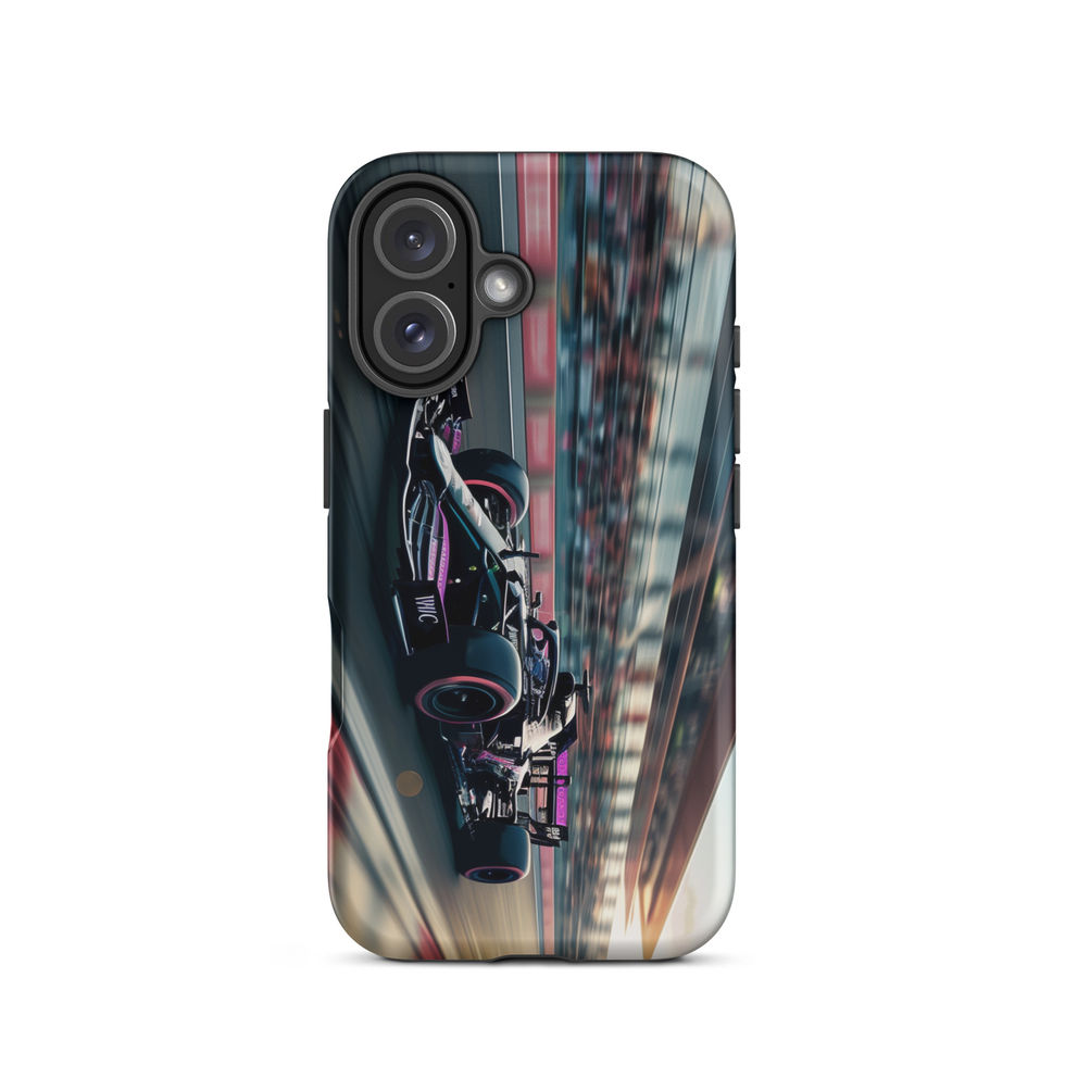Black n Purple Power Tough case for iPhone 16, black and purple race car artwork, rear view on white