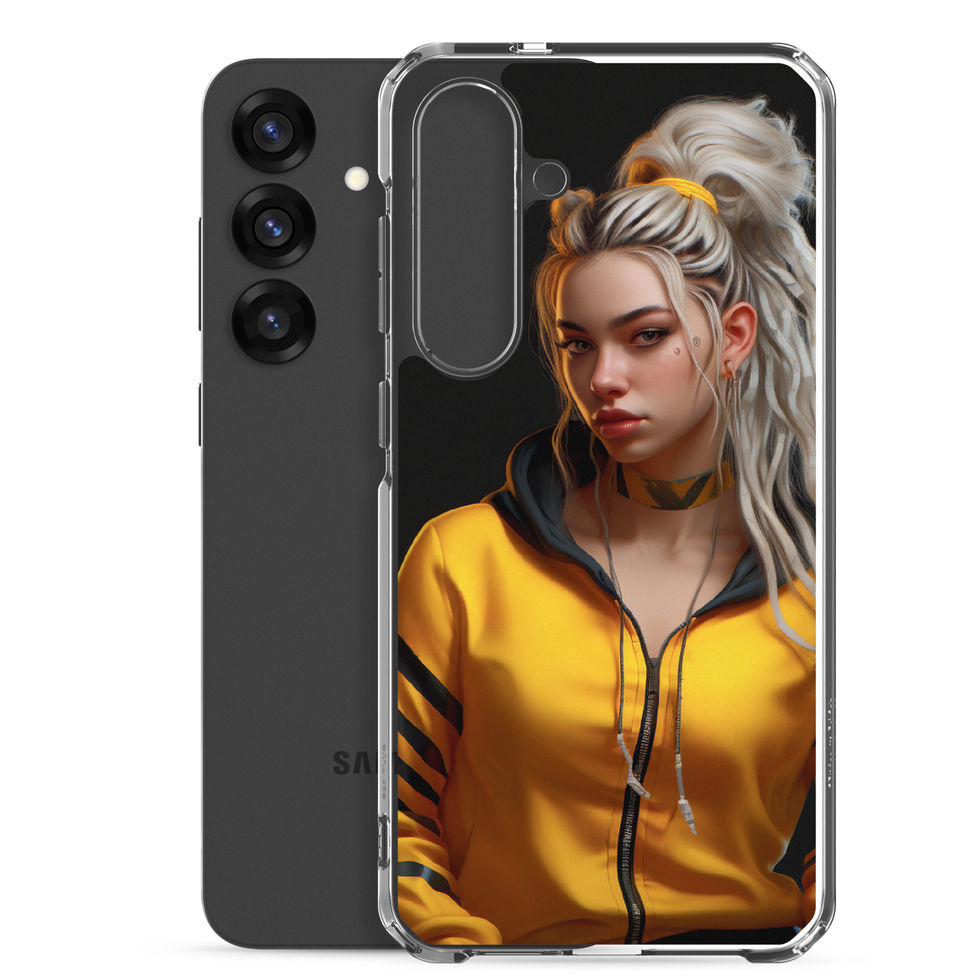 Neon Rebellion Samsung clear case with loose hair strands beside the face