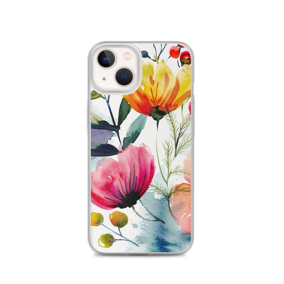 Crimson Meadow clear case for iPhone 16 Plus, rear floral artwork view with crimson, coral and blush flowers