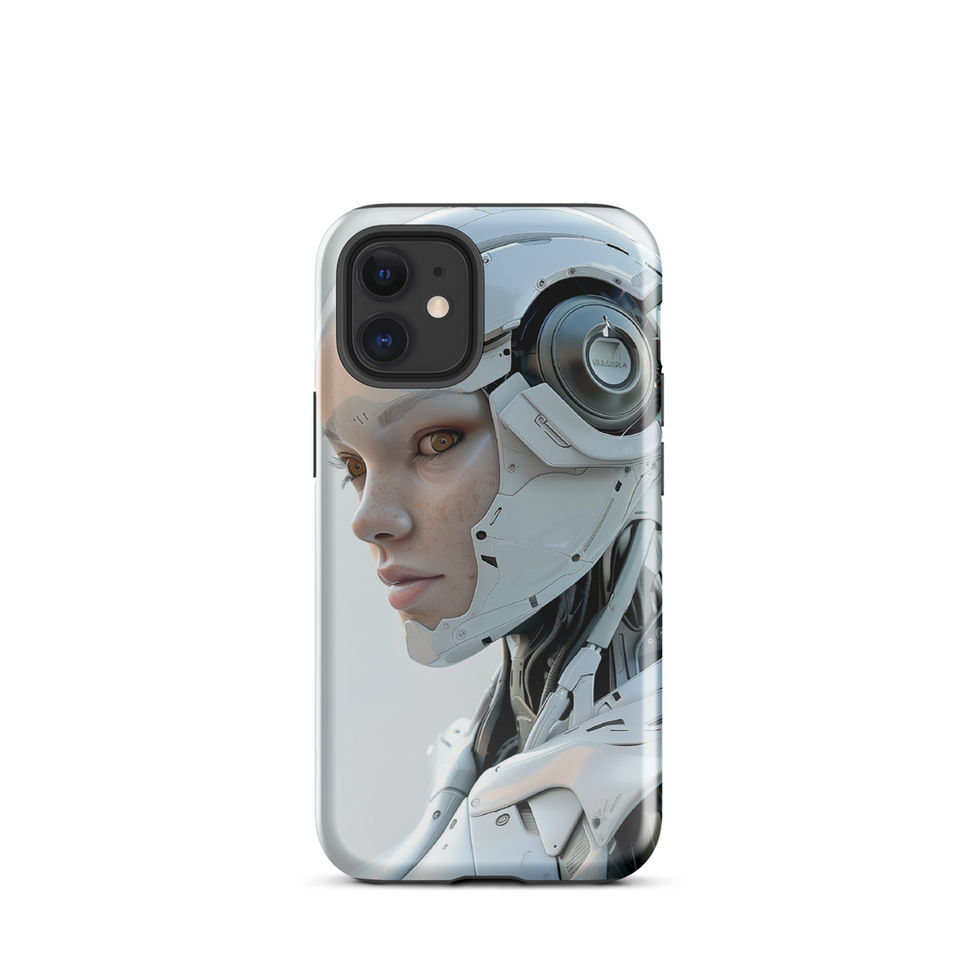 Futuristic male robot with pale teal neck mechanics; front product view on an iPhone® Tough Case.