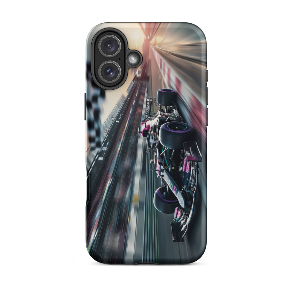 Midnight Velocity Tough case for iPhone 16 Plus, race car and night lights, rear view on white