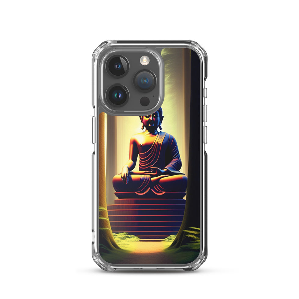 Praying Buddha iPhone clear case, clear edges framing dark statue set against pale yellow light.